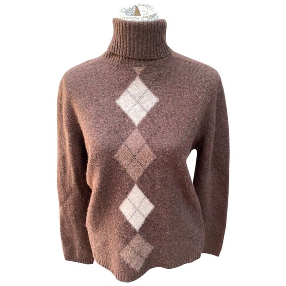 Deane & White Lambswool Argyle Turtleneck Sweater Brown Size L Cabincore - Picture 10 of 11